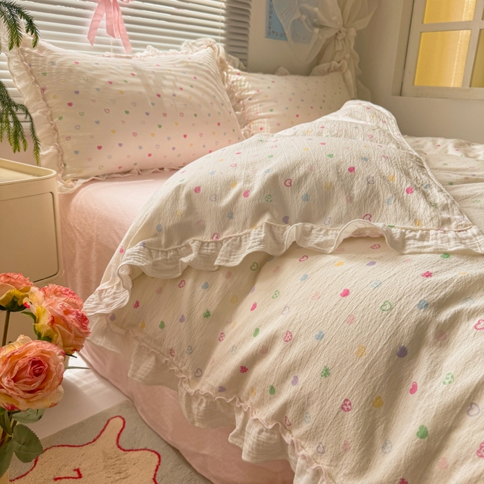 91家纺网 家纺一手货源 找家纺 繁花家居 2025新款云感棉提花学生季超温柔小花边四件套 心型糖露