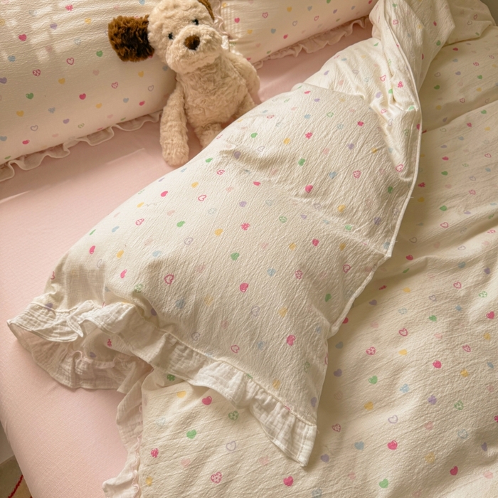 91家纺网 家纺一手货源 找家纺 繁花家居 2025新款云感棉提花学生季超温柔小花边四件套 心型糖露