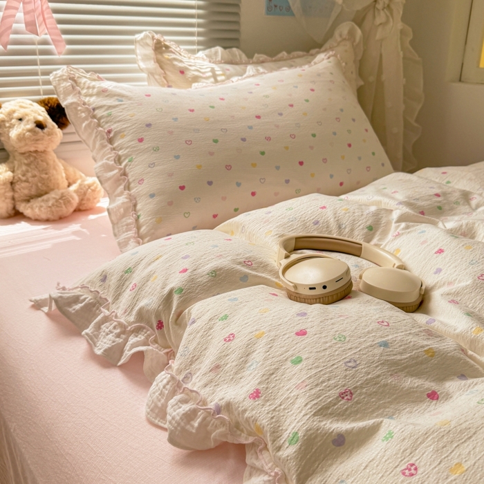 91家纺网 家纺一手货源 找家纺 繁花家居 2025新款云感棉提花学生季超温柔小花边四件套 心型糖露