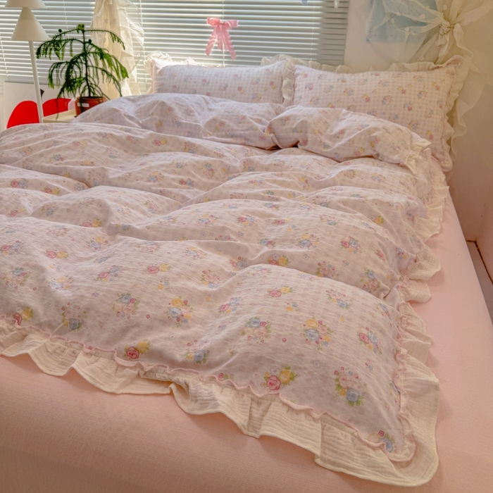 91家纺网 家纺一手货源 找家纺 繁花家居 2025新款云感棉提花学生季超温柔小花边四件套 云水谣
