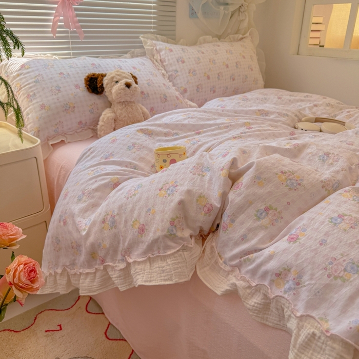 91家纺网 家纺一手货源 找家纺 繁花家居 2025新款云感棉提花学生季超温柔小花边四件套 云水谣