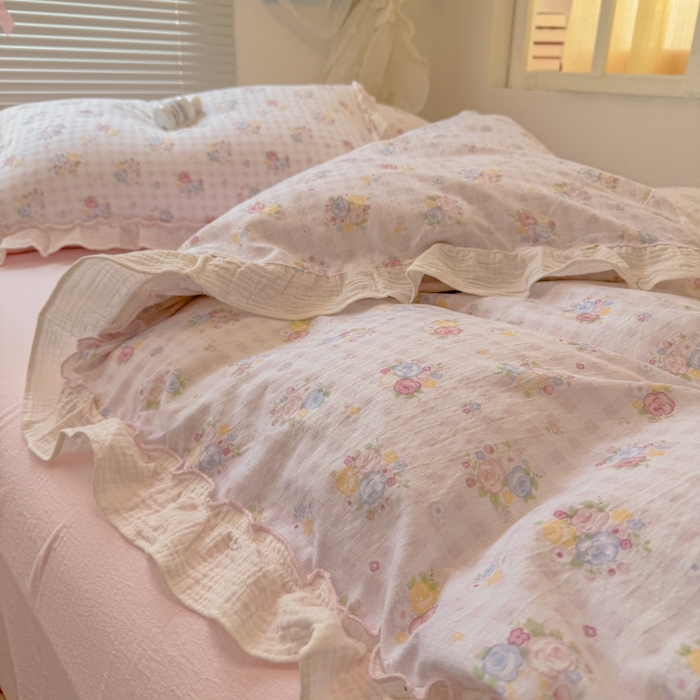 91家纺网 家纺一手货源 找家纺 繁花家居 2025新款云感棉提花学生季超温柔小花边四件套 云水谣