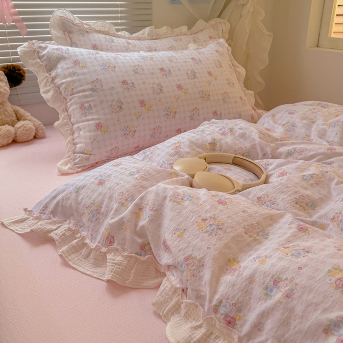 91家纺网 家纺一手货源 找家纺 繁花家居 2025新款云感棉提花学生季超温柔小花边四件套 云水谣