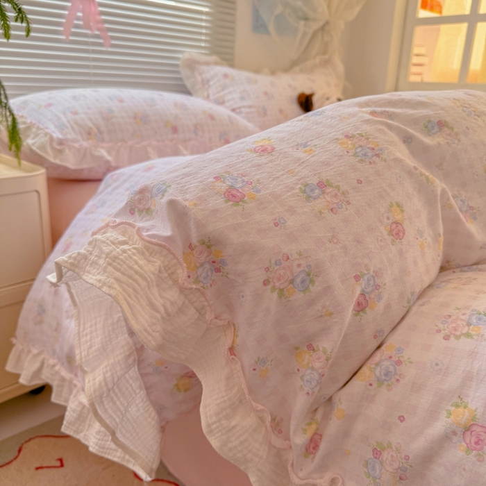 91家纺网 家纺一手货源 找家纺 繁花家居 2025新款云感棉提花学生季超温柔小花边四件套 云水谣