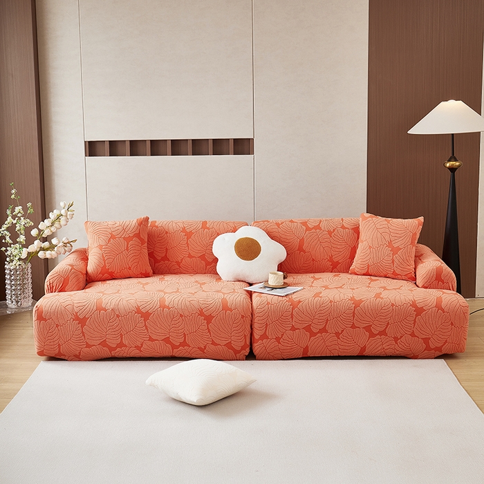 91家纺网 家纺一手货源 找家纺 丝绮鹿 2025新款羊羔绒直排松紧款沙发套-枫叶 枫叶-亮橙