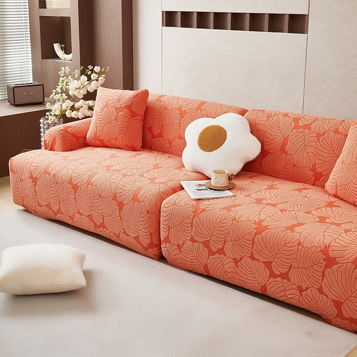 91家纺网 家纺一手货源 找家纺 丝绮鹿 2025新款羊羔绒直排松紧款沙发套-枫叶 枫叶-亮橙