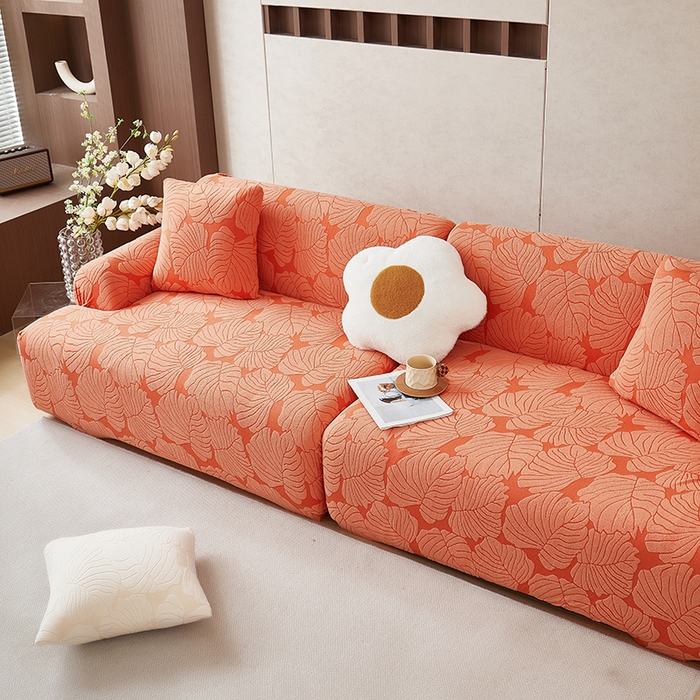 91家纺网 家纺一手货源 找家纺 丝绮鹿 2025新款羊羔绒直排松紧款沙发套-枫叶 枫叶-亮橙