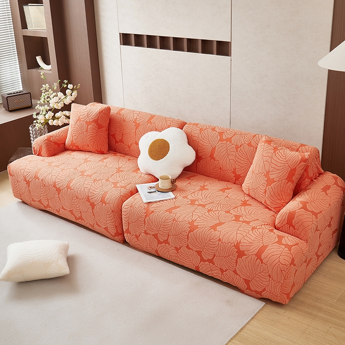 91家纺网 家纺一手货源 找家纺 丝绮鹿 2025新款羊羔绒直排松紧款沙发套-枫叶 枫叶-亮橙