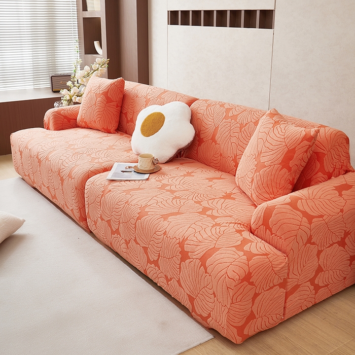91家纺网 家纺一手货源 找家纺 丝绮鹿 2025新款羊羔绒直排松紧款沙发套-枫叶 枫叶-亮橙