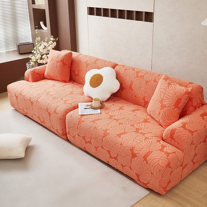 91家纺网 家纺一手货源 找家纺 丝绮鹿 2025新款羊羔绒直排松紧款沙发套-枫叶 枫叶-亮橙