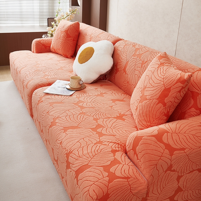 91家纺网 家纺一手货源 找家纺 丝绮鹿 2025新款羊羔绒直排松紧款沙发套-枫叶 枫叶-亮橙