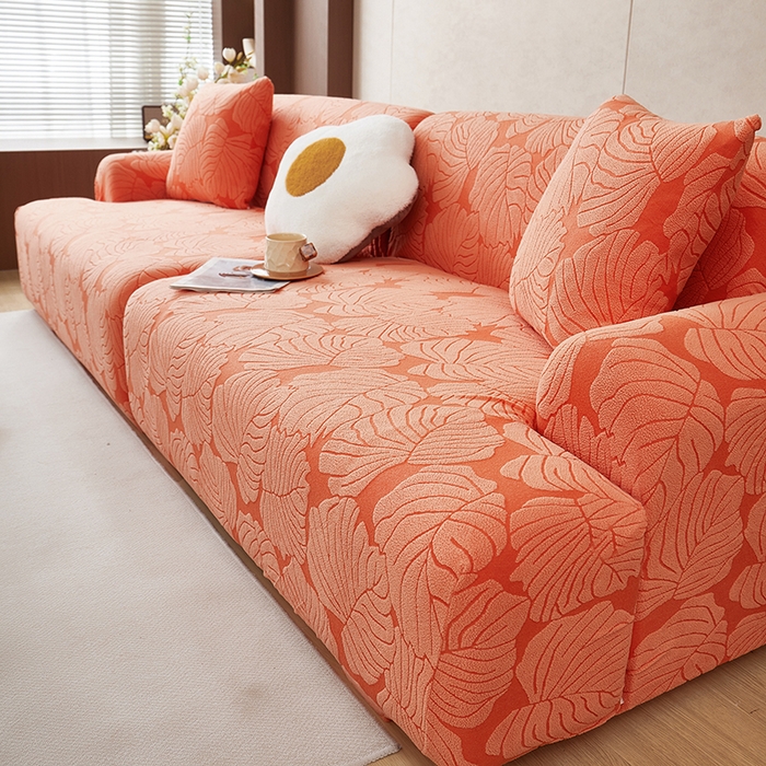 91家纺网 家纺一手货源 找家纺 丝绮鹿 2025新款羊羔绒直排松紧款沙发套-枫叶 枫叶-亮橙