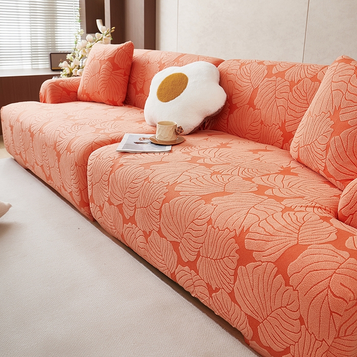 91家纺网 家纺一手货源 找家纺 丝绮鹿 2025新款羊羔绒直排松紧款沙发套-枫叶 枫叶-亮橙