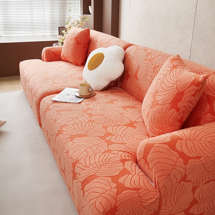 91家纺网 家纺一手货源 找家纺 丝绮鹿 2025新款羊羔绒直排松紧款沙发套-枫叶 枫叶-亮橙