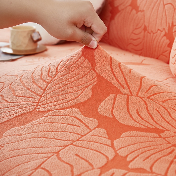 91家纺网 家纺一手货源 找家纺 丝绮鹿 2025新款羊羔绒直排松紧款沙发套-枫叶 枫叶-亮橙