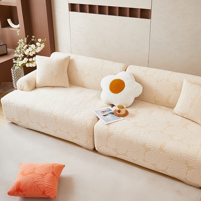91家纺网 家纺一手货源 找家纺 丝绮鹿 2025新款羊羔绒直排松紧款沙发套-枫叶 枫叶-象牙黄