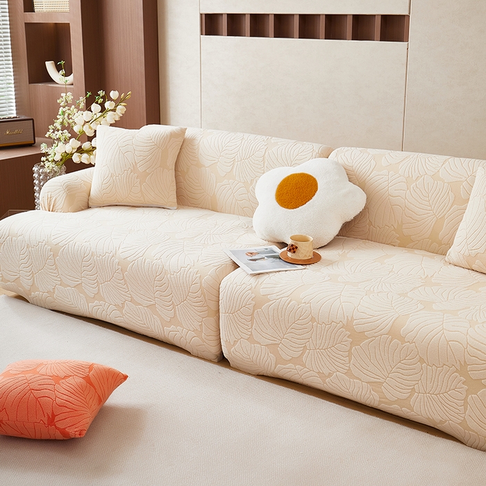 91家纺网 家纺一手货源 找家纺 丝绮鹿 2025新款羊羔绒直排松紧款沙发套-枫叶 枫叶-象牙黄