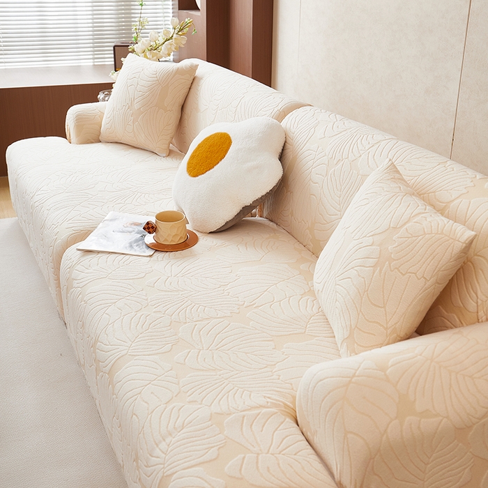 91家纺网 家纺一手货源 找家纺 丝绮鹿 2025新款羊羔绒直排松紧款沙发套-枫叶 枫叶-象牙黄