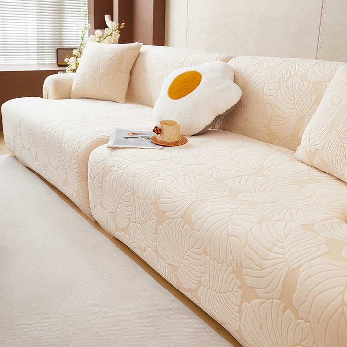 91家纺网 家纺一手货源 找家纺 丝绮鹿 2025新款羊羔绒直排松紧款沙发套-枫叶 枫叶-象牙黄