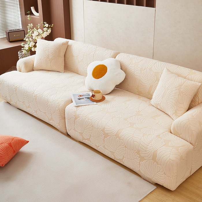 91家纺网 家纺一手货源 找家纺 丝绮鹿 2025新款羊羔绒直排松紧款沙发套-枫叶 枫叶-象牙黄