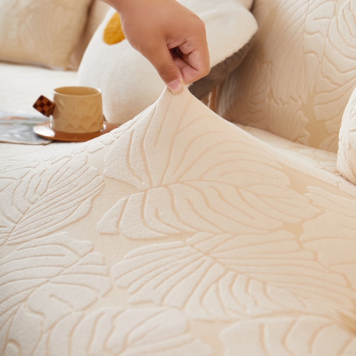 91家纺网 家纺一手货源 找家纺 丝绮鹿 2025新款羊羔绒直排松紧款沙发套-枫叶 枫叶-象牙黄