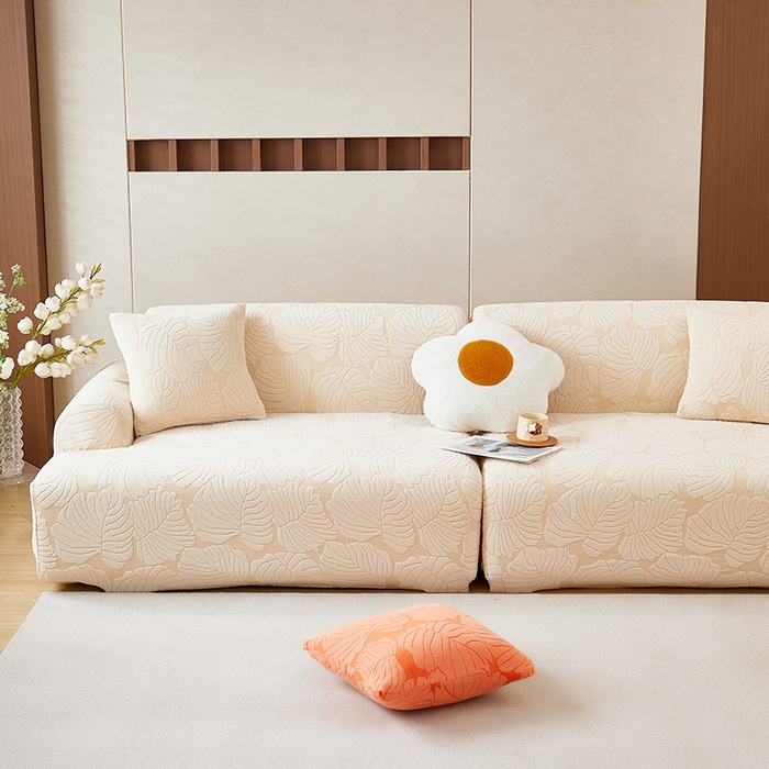 91家纺网 家纺一手货源 找家纺 丝绮鹿 2025新款羊羔绒直排松紧款沙发套-枫叶 枫叶-象牙黄