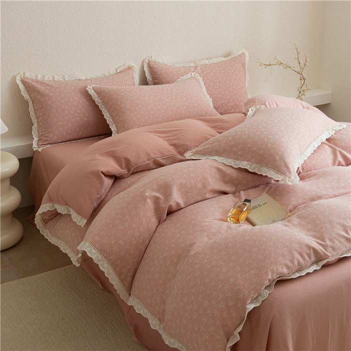 91家纺网 家纺一手货源 找家纺 忘忧草 2025新款全棉纯棉色织提花四件套-花漾 花漾-粉