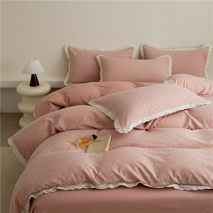 91家纺网 家纺一手货源 找家纺 忘忧草 2025新款全棉纯棉色织提花四件套-花漾 花漾-粉