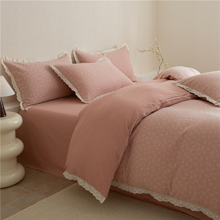 91家纺网 家纺一手货源 找家纺 忘忧草 2025新款全棉纯棉色织提花四件套-花漾 花漾-粉