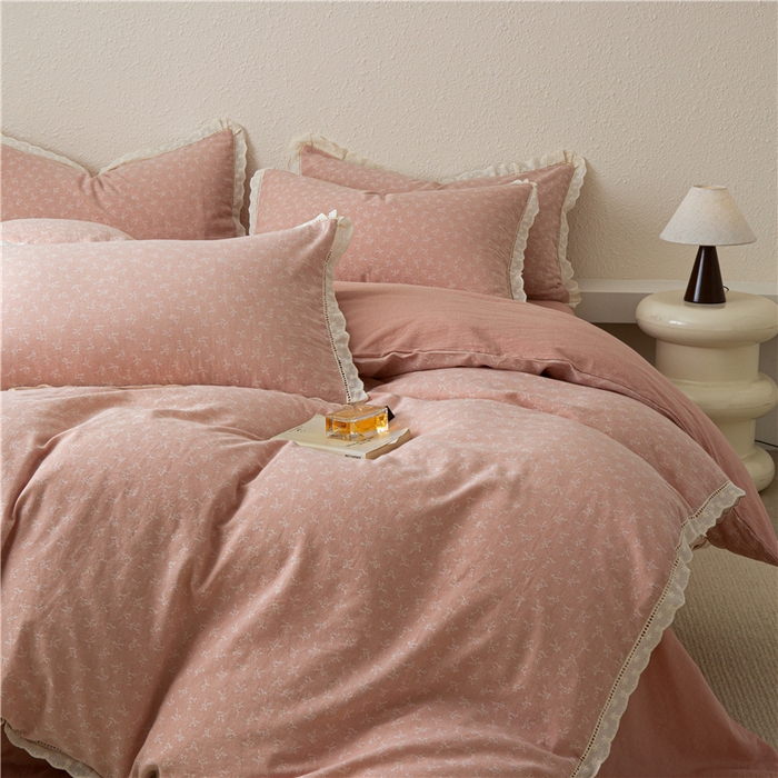 91家纺网 家纺一手货源 找家纺 忘忧草 2025新款全棉纯棉色织提花四件套-花漾 花漾-粉