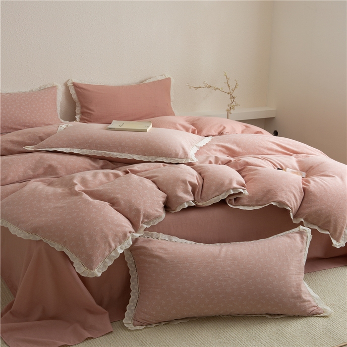 91家纺网 家纺一手货源 找家纺 忘忧草 2025新款全棉纯棉色织提花四件套-花漾 花漾-粉