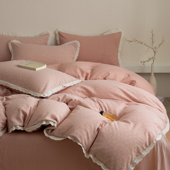 91家纺网 家纺一手货源 找家纺 忘忧草 2025新款全棉纯棉色织提花四件套-花漾 花漾-粉