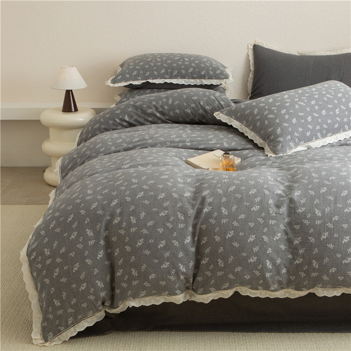 91家纺网 家纺一手货源 找家纺 忘忧草 2025新款全棉纯棉色织提花四件套-花漾 花漾-灰