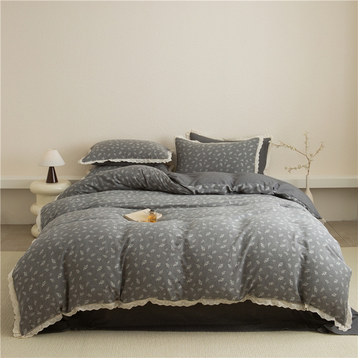 91家纺网 家纺一手货源 找家纺 忘忧草 2025新款全棉纯棉色织提花四件套-花漾 花漾-灰