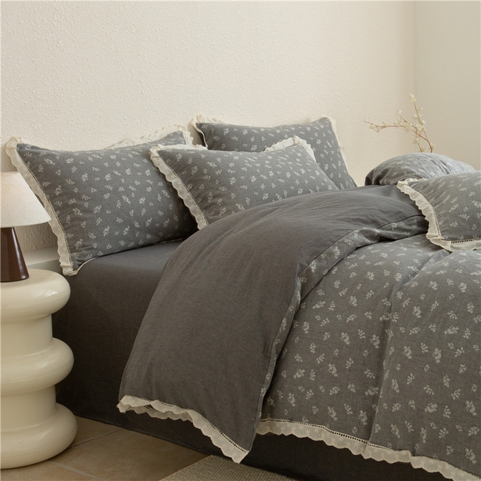 91家纺网 家纺一手货源 找家纺 忘忧草 2025新款全棉纯棉色织提花四件套-花漾 花漾-灰