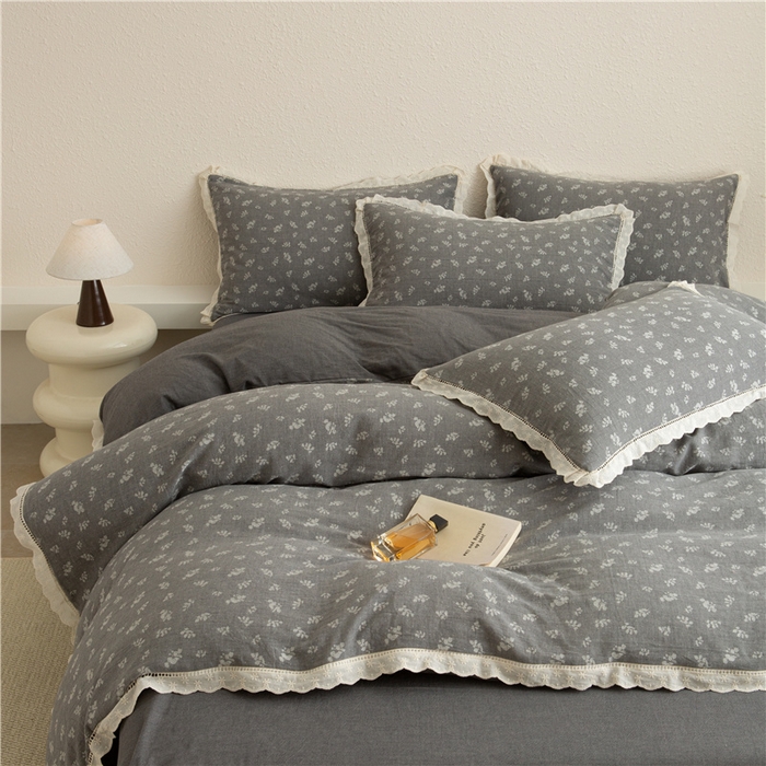 91家纺网 家纺一手货源 找家纺 忘忧草 2025新款全棉纯棉色织提花四件套-花漾 花漾-灰