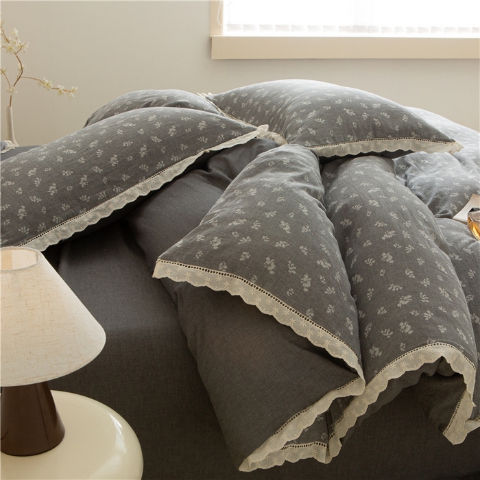 91家纺网 家纺一手货源 找家纺 忘忧草 2025新款全棉纯棉色织提花四件套-花漾 花漾-灰