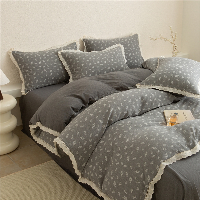 91家纺网 家纺一手货源 找家纺 忘忧草 2025新款全棉纯棉色织提花四件套-花漾 花漾-灰