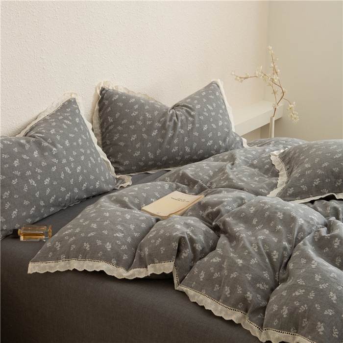 91家纺网 家纺一手货源 找家纺 忘忧草 2025新款全棉纯棉色织提花四件套-花漾 花漾-灰