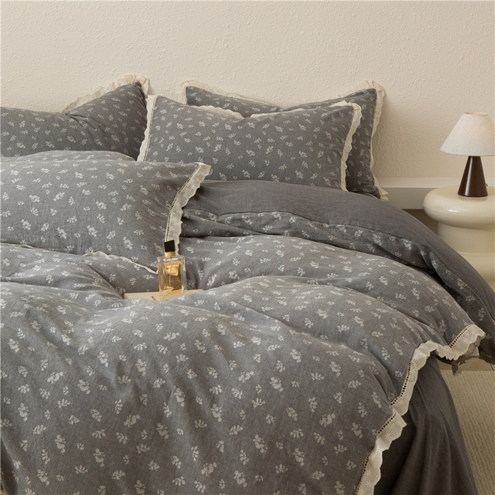 91家纺网 家纺一手货源 找家纺 忘忧草 2025新款全棉纯棉色织提花四件套-花漾 花漾-灰