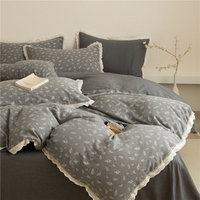 91家纺网 家纺一手货源 找家纺 忘忧草 2025新款全棉纯棉色织提花四件套-花漾 花漾-灰