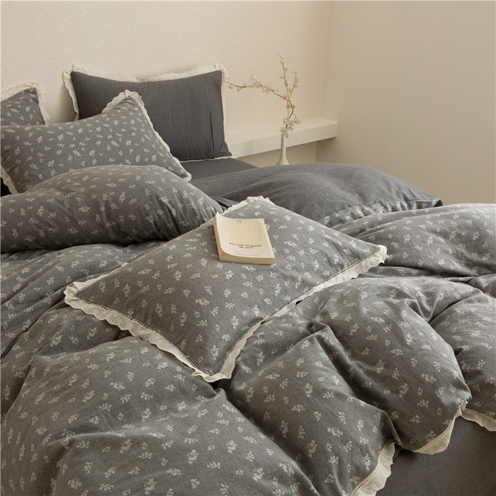 91家纺网 家纺一手货源 找家纺 忘忧草 2025新款全棉纯棉色织提花四件套-花漾 花漾-灰