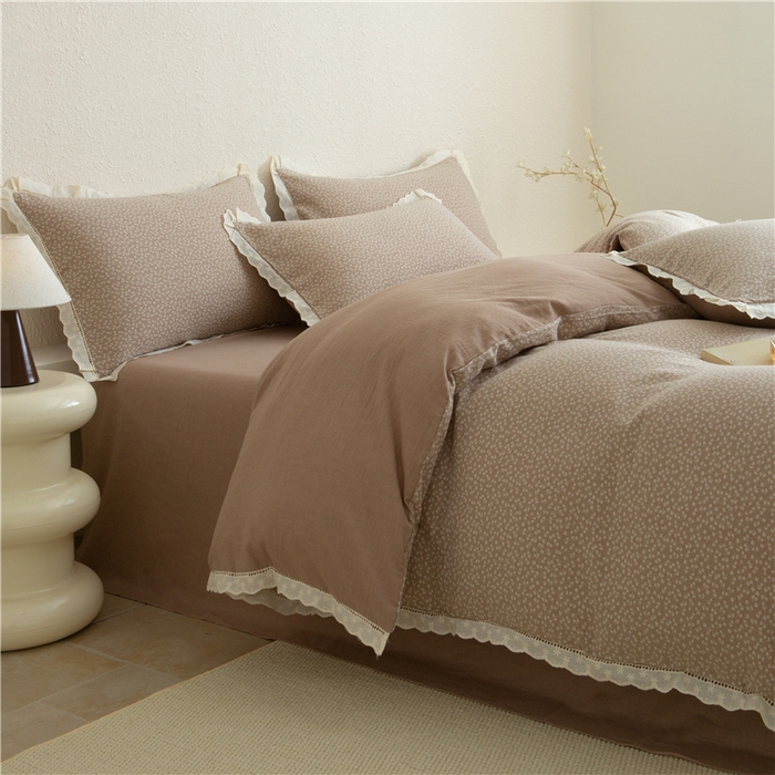 91家纺网 家纺一手货源 找家纺 忘忧草 2025新款全棉纯棉色织提花四件套-花漾 花漾-咖