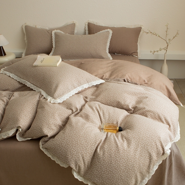 91家纺网 家纺一手货源 找家纺 忘忧草 2025新款全棉纯棉色织提花四件套-花漾 花漾-咖