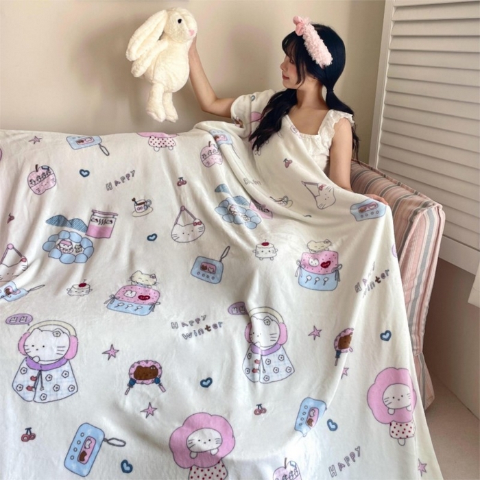 91家纺网 家纺一手货源 找家纺 顾里家纺 2025新款ins少女奶油治愈双面牛奶绒毯 花花喵喵