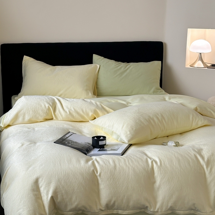 91家纺网 家纺一手货源 找家纺 梦享生活家居 2025新款全棉纯棉三层肌理提花四件套-素写系列（会员减10） 素写-浅黄