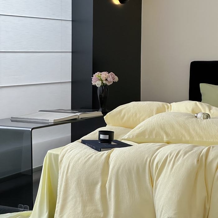 91家纺网 家纺一手货源 找家纺 梦享生活家居 2025新款全棉纯棉三层肌理提花四件套-素写系列（会员减10） 素写-浅黄