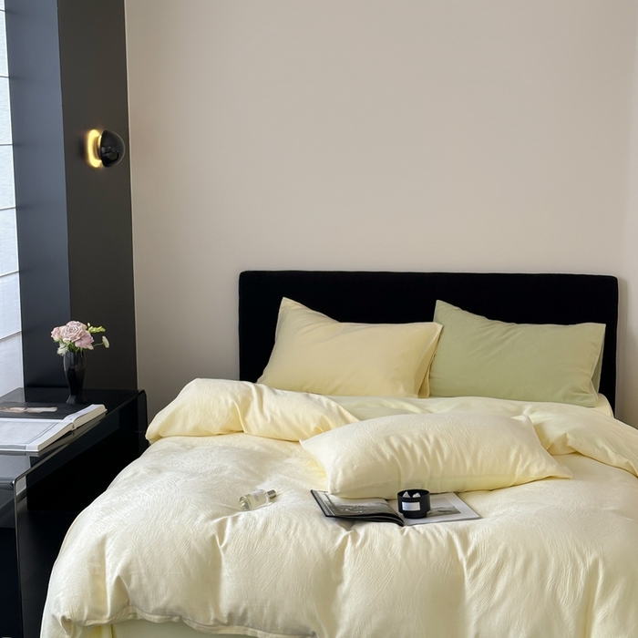 91家纺网 家纺一手货源 找家纺 梦享生活家居 2025新款全棉纯棉三层肌理提花四件套-素写系列（会员减10） 素写-浅黄