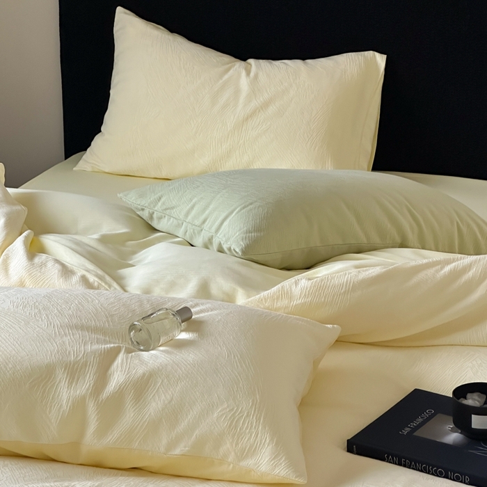 91家纺网 家纺一手货源 找家纺 梦享生活家居 2025新款全棉纯棉三层肌理提花四件套-素写系列（会员减10） 素写-浅黄