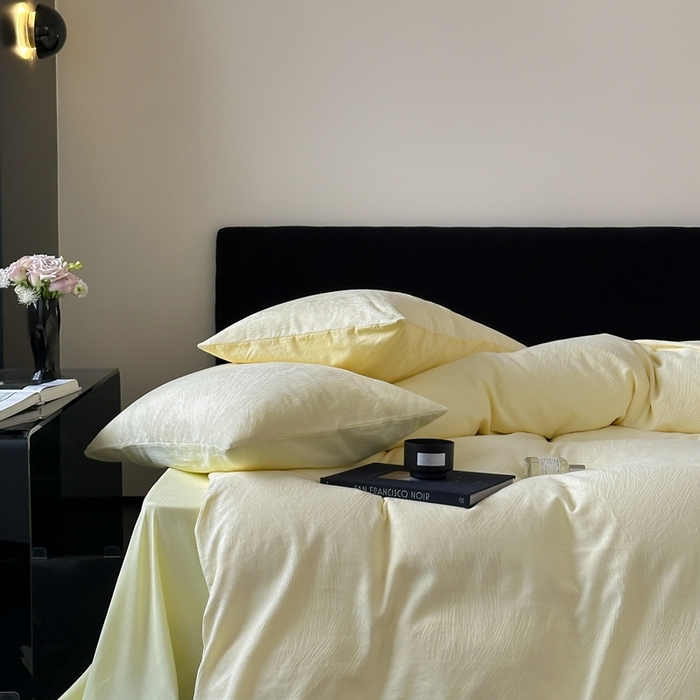 91家纺网 家纺一手货源 找家纺 梦享生活家居 2025新款全棉纯棉三层肌理提花四件套-素写系列（会员减10） 素写-浅黄